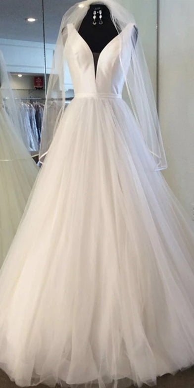 V-neck Long A-line Wedding Dresses, Tulle Wedding Dresses, Simple Long Wedding Dresses
