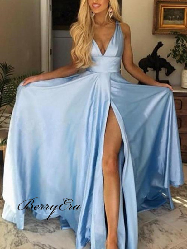 Sky-blue Long Party Dress with High Leg Slit Side, Unique Sexy Slit Long Prom Dresses