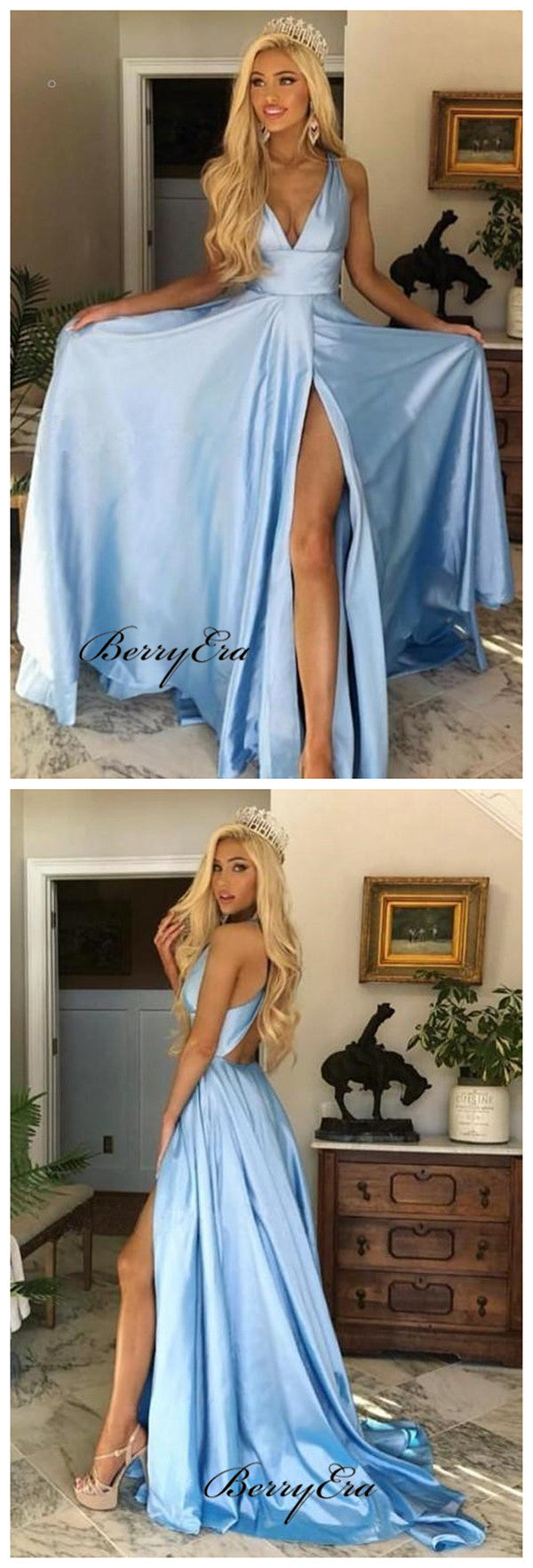 Sky-blue Long Party Dress with High Leg Slit Side, Unique Sexy Slit Long Prom Dresses