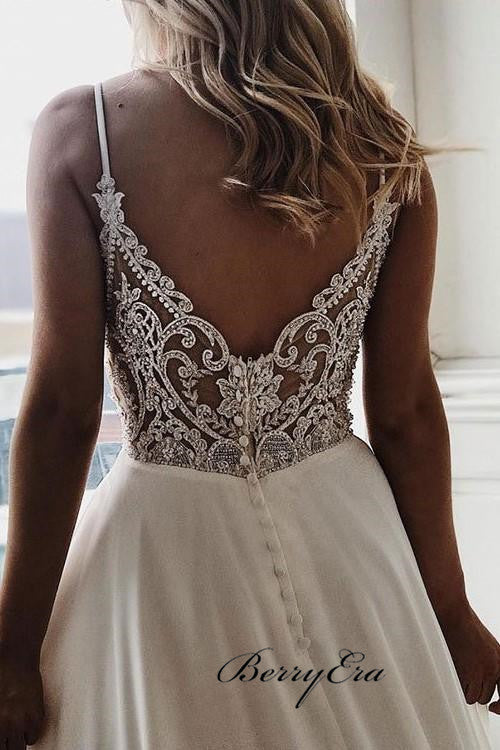 Fashion Spaghetti Long A-line V-neck Chiffon Lace Wedding Dresses, Popular Bridal Gown
