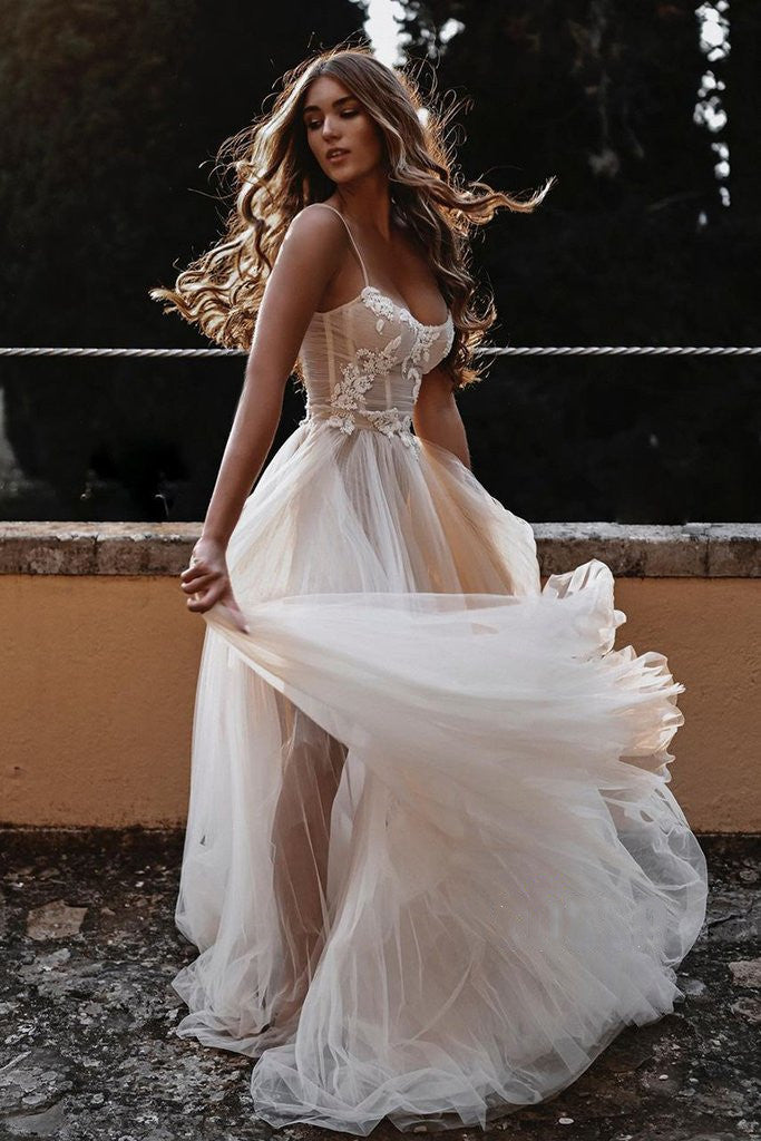 Spaghetti Straps Scoop Wedding Dresses, Tulle A Line Wedding Dresses, Lace Wedding Dresses
