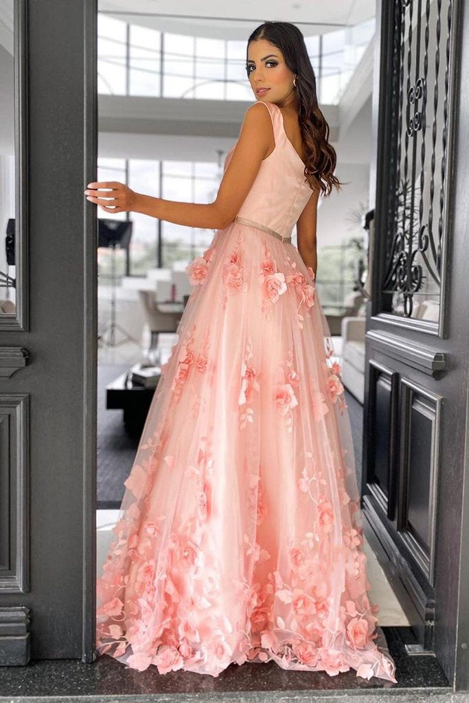 Plunging V-neck 3D Flower Long Prom Dresses, A-line Formal 2021 Newest Prom Dresses