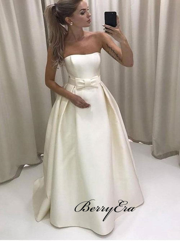 Strapless Satin Simple Bride Dress with Bow Sash, A-line Bridal Wedding Dresses