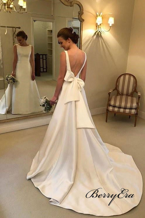 Newest Structured Satin Wedding Dresses with Bow Ribbon Sash Back, Bridal Gowns
