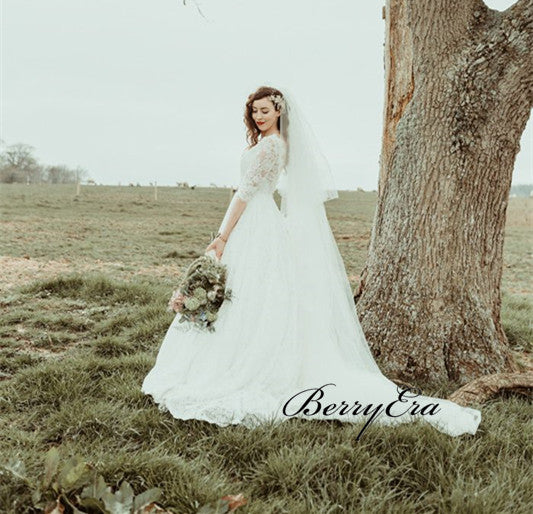 Half Sleeves Lace A-line Wedding Dresses, A-line Wedding Dresses, Bridal Gown