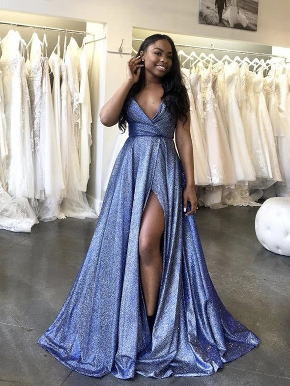 shiny prom dress Deep V-neck Long A-line Shiny Satin Prom Dresses, Side Slit Prom Dress – Berryera