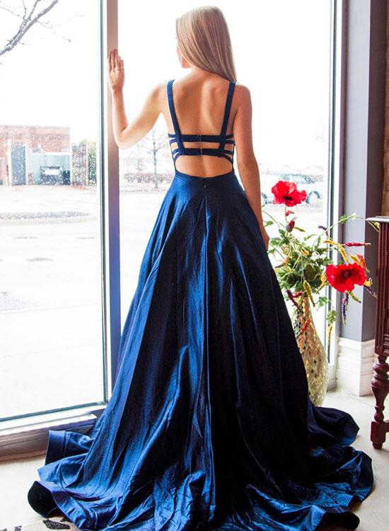 Taffeta Dark Blue A-Line Long Prom Dresses, Sexy Party Dresses