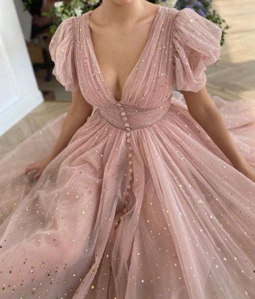 V-neck Short Sleeves Blush Pink Tulle Prom Dresses, Affordable Prom Dresses, 2021 Prom Dresses, RC004