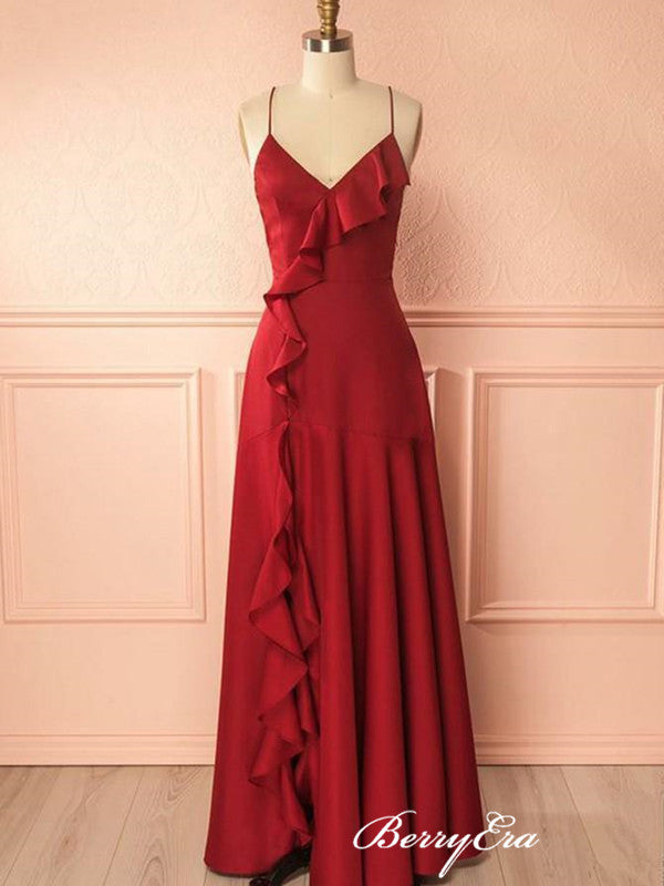 Spaghetti Straps V-neckline Flounced Red Prom Dress, Open Back Slit Prom Dresses