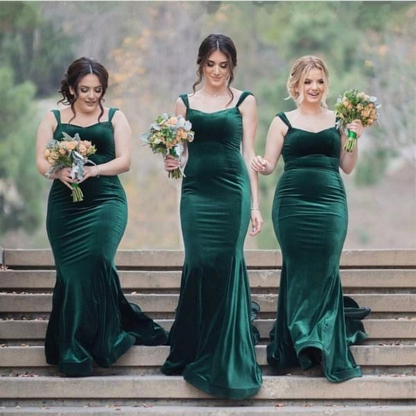 Straps Long Mermaid Emerald Green Bridesmaid Dresses, Velvet Bridesmai Berryera Straps Long Mermaid Emerald Green Bridesmaid Dresses, Velvet Bridesmai Berryera