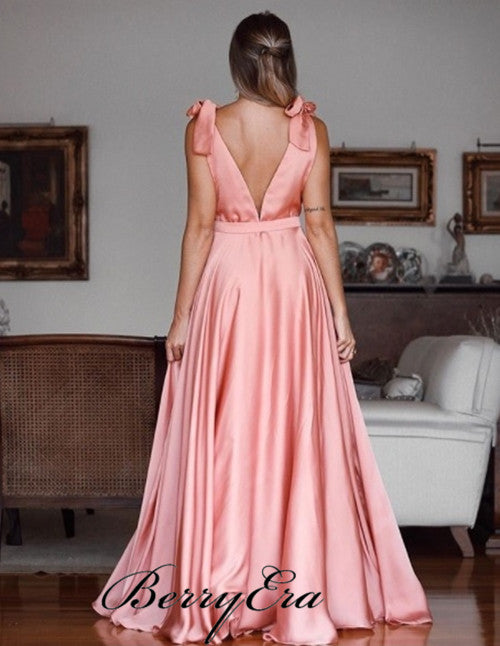 Deep V-neck Long A-line Prom Dresses, Peach Prom Dresses, Popular Prom Dresses