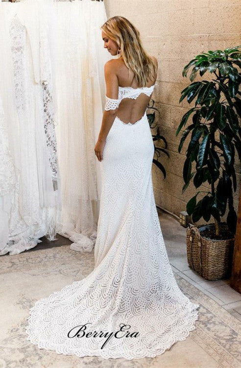 Off Shoulder Front Slit Long Mermaid Lace Wedding Dresses