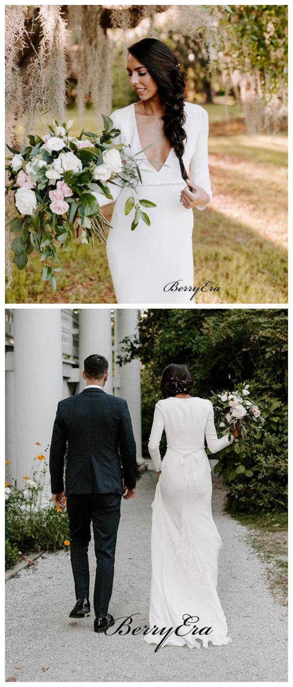 Deep V-neck Simple Wedding Dresses, Popular Long Sleeves Wedding Dresses