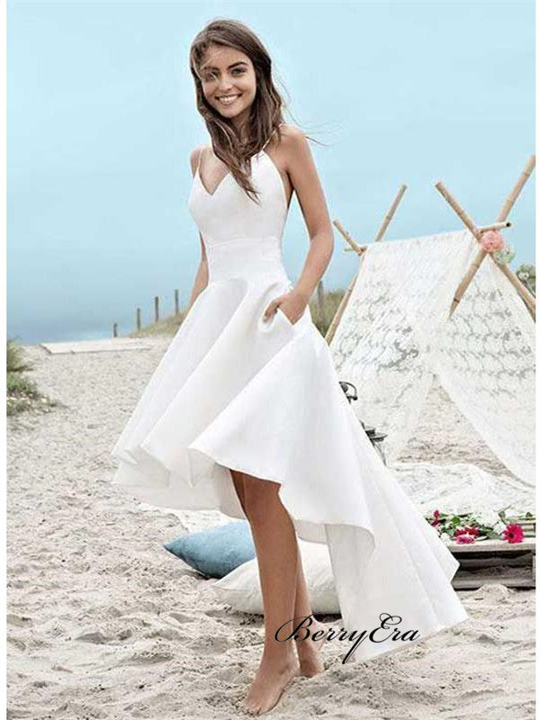Cheap Spaghetti Strap Open Back High Low Wedding Dresses, Simple Beach Wedding Dresses