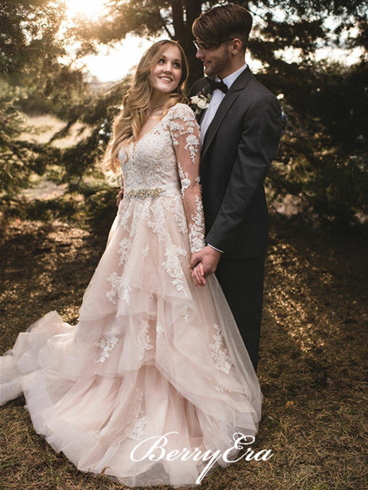 Long Sleeves Blush Lace Tulle A-line Wedding Dresses With Beaded Belt