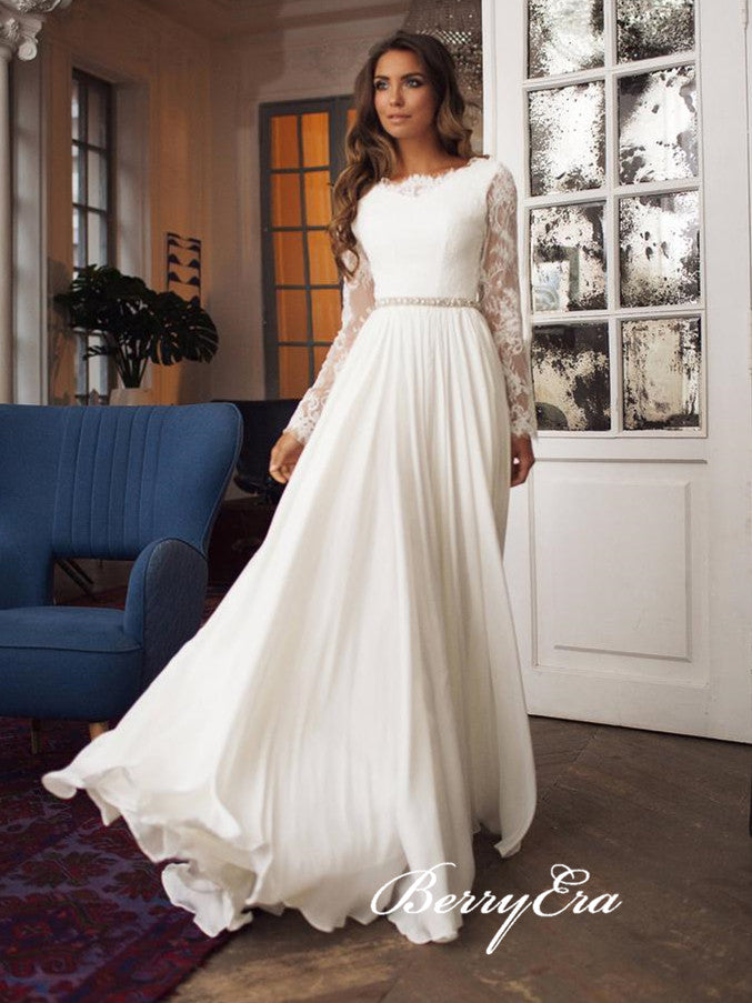 Long Sleeves Lace Top Chiffon A-line Ivory Wedding Dresses