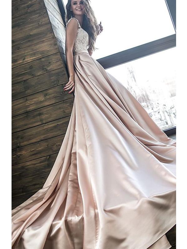 Lace Top Long Off Shoulder A-line Satin Wedding Dresses