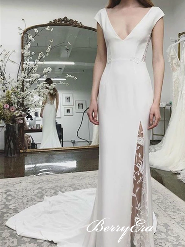V-neck Ivory Jersey Lace Wedding Dresses, Elegant Long Wedding Dresses, Bridal Gown, Wedding Dresses