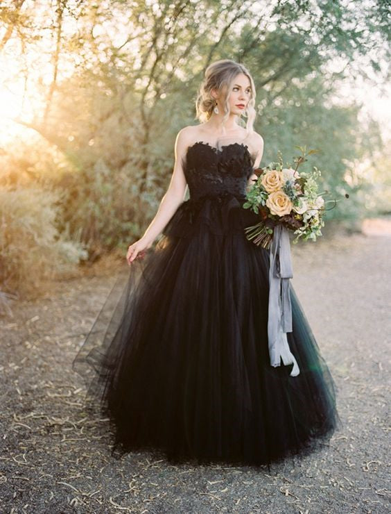 Sweetheart Long A-line Black Tulle Wedding Dresses, Country Wedding Dresses