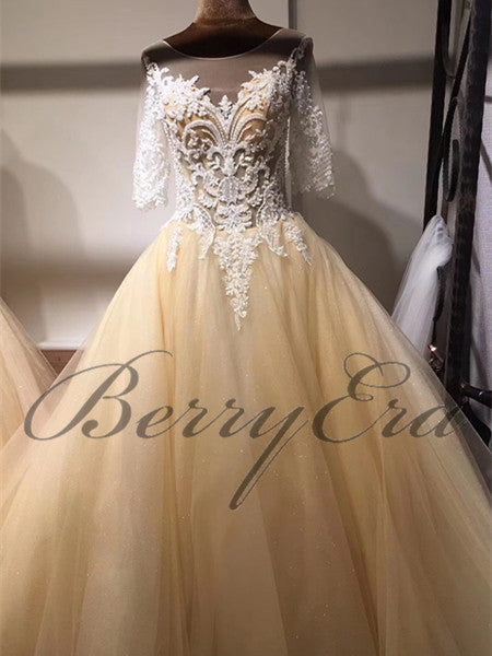 Gorgeous Lace Half Sleeves Chmapagne Tulle Wedding Dresses, Elegant Bridal Gown
