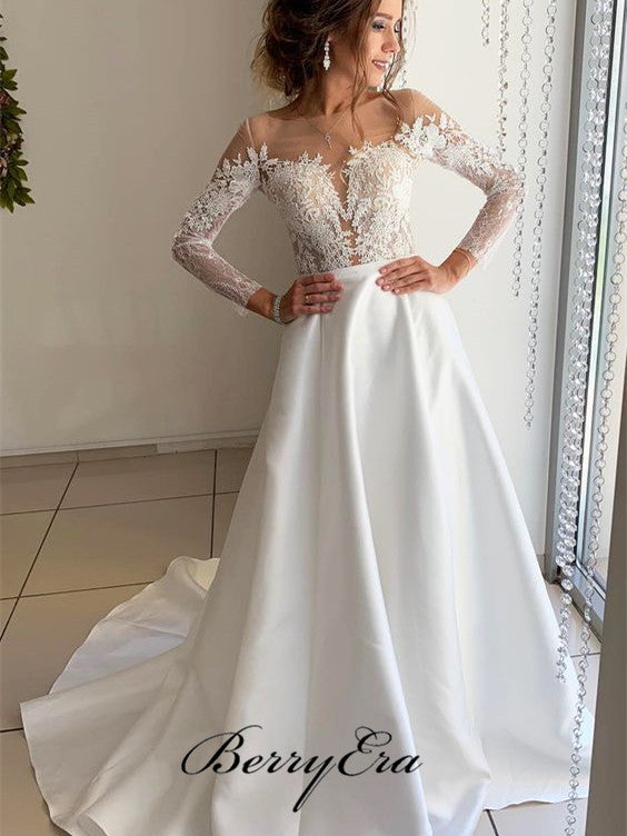 Illusion Long Sleeves Lace Top A-line Satin Wedding Dresses, Bridal Go ...