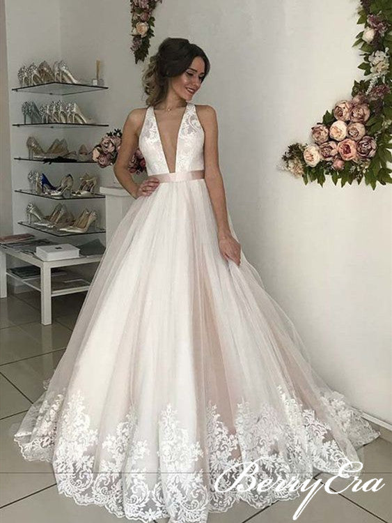 Deep V-neck Lace Tulle Long Wedding Dresses