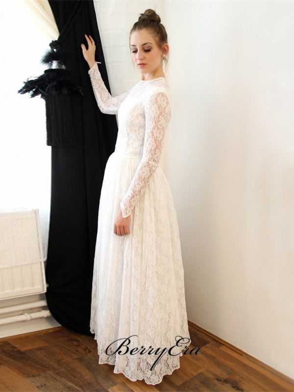 Long Sleeves Lace A-line Wedding Dresses, Elegant Bridal Gown
