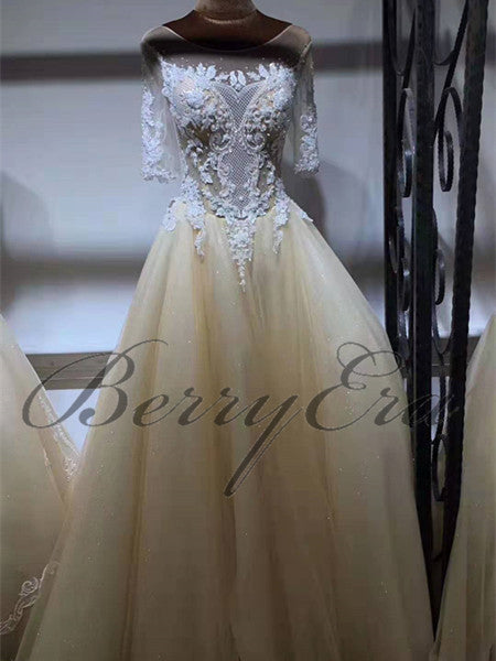 Unique Lace Beaded Long Tulle Wedding Dresses, Gorgeous Bridal Gown