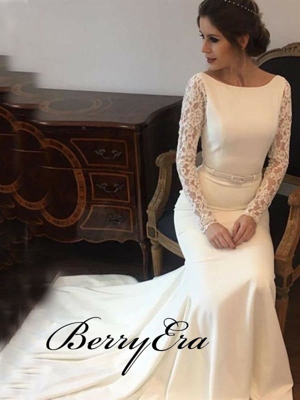 Long Sleeves Lace Ivory Mermaid Wedding Dresses Bridal Gown Dresses
