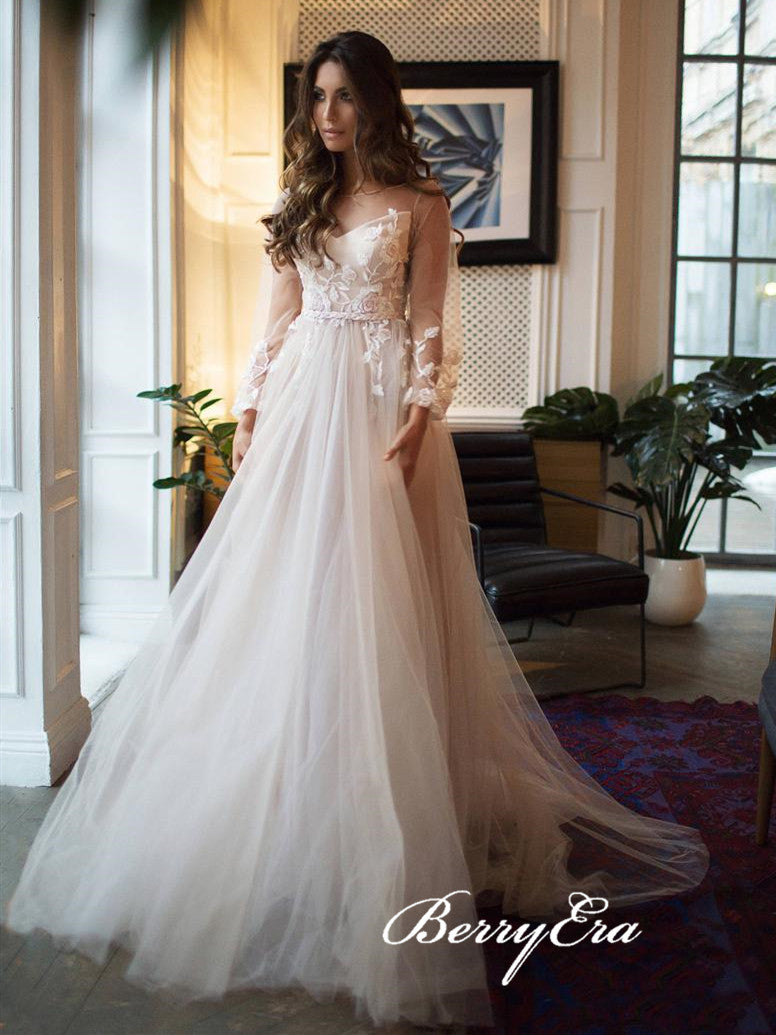 Long Sleeves Lace Tulle Long Wedding Dresses