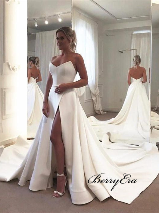 Strapless Long A-line Ivory Satin Slit Wedding Dresses, Bridal Gown