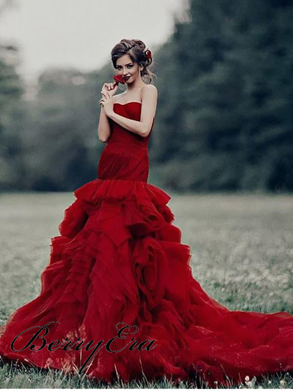 Sweetheart Long Mermaid Tulle Wedding Dresses, Red Wedding Dresses – Berryera