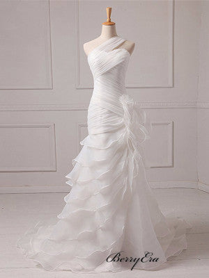 One Shoulder Ivory Organza Long Wedding Dresses