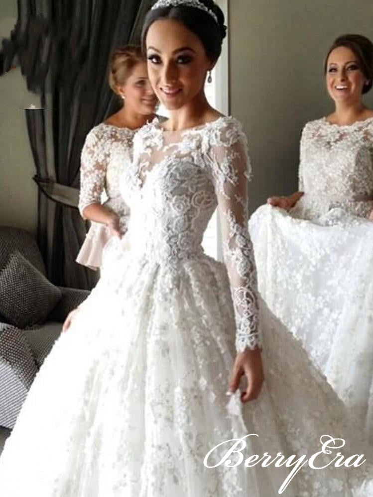 Long Sleeves Lace Tulle Ball Gown Wedding Dresses
