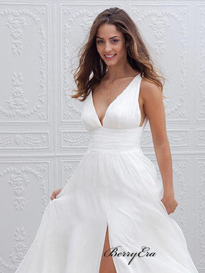 Simple V-neck Ivory Chiffon Slit Long Wedding Dresses