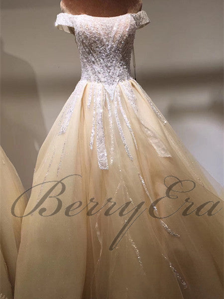 Off Shoulder Long A-line Beaded Shiny Lace Wedding Dresses, Gorgeous Wedding Dresses