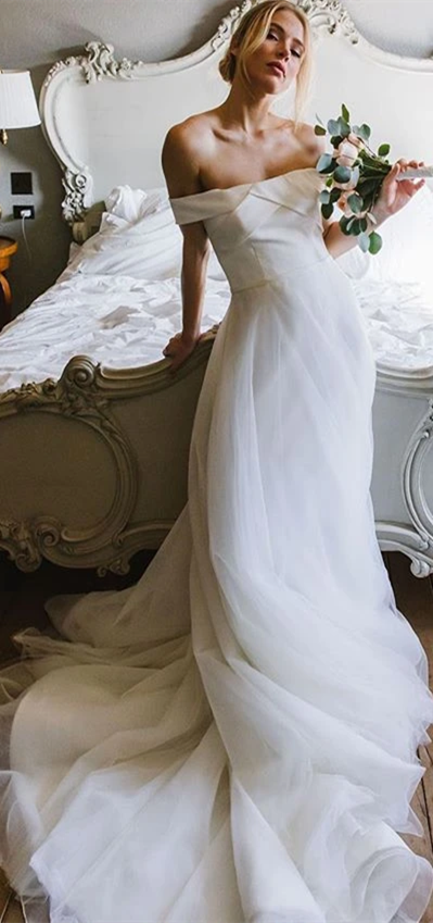 Off Shoulder Satin Top Tulle Wedding Dresses, Romantic Long Wedding Dresses, Bridal Gown