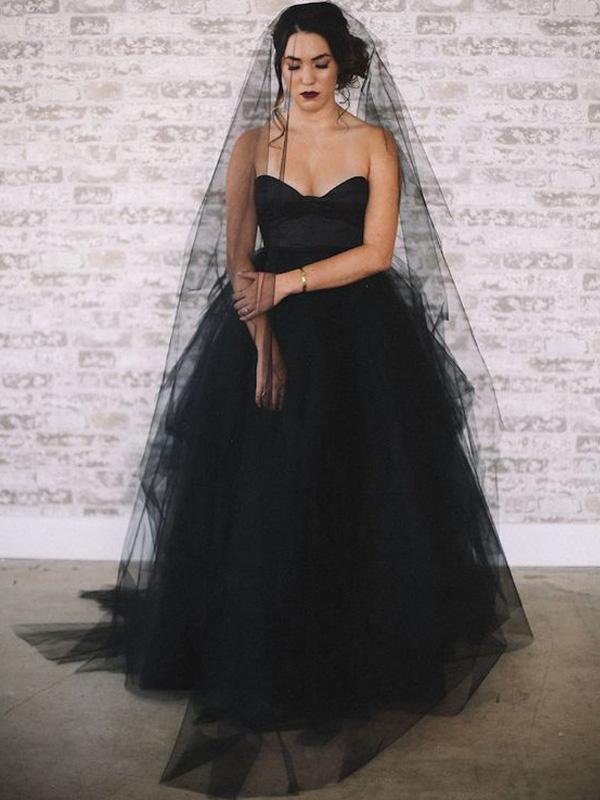 Sweetheart Long A-line Black Tulle Wedding Dresses, Bridal Gown