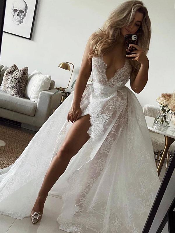 See Through Deep V-neck Wedding Dresses, Lace High Slit Sexy Wedding Dresses