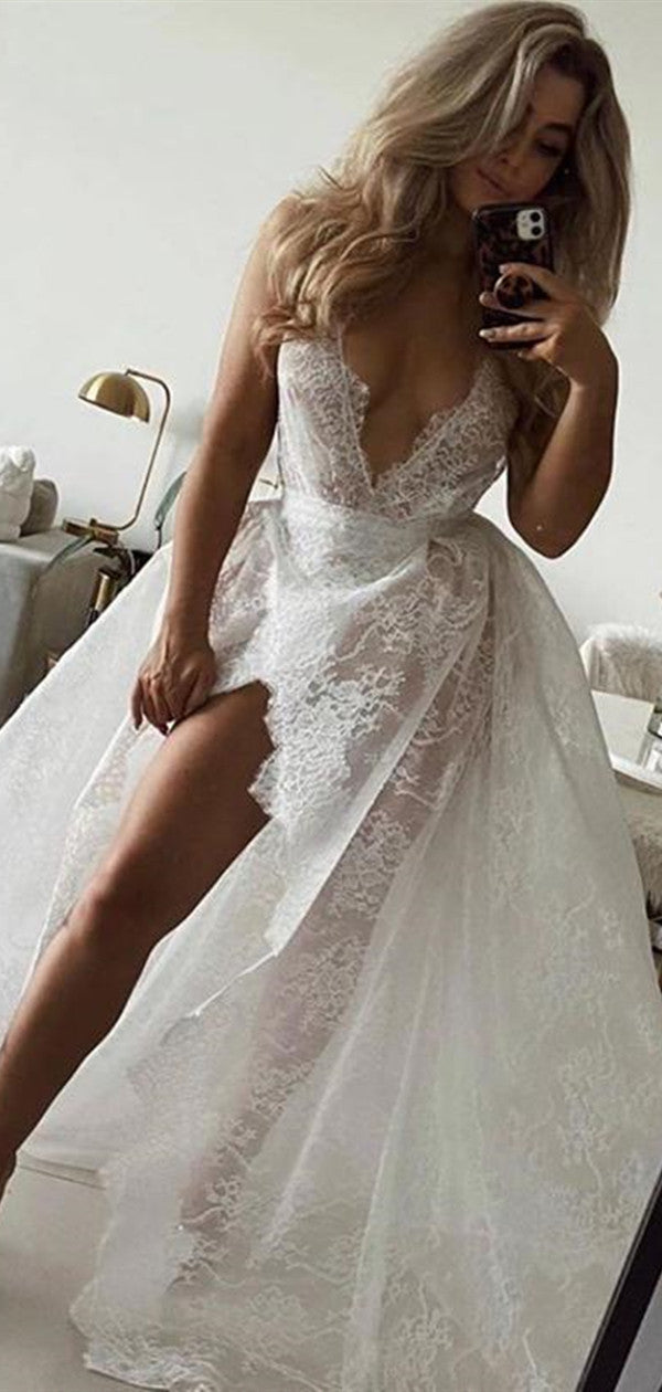 See Through Deep V-neck Wedding Dresses, Lace High Slit Sexy Wedding Dresses