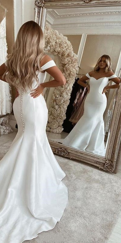 Off Shoulder Long Mermaid Ivory Satin Wedding Dresses, Simple Wedding Berryera Off Shoulder Long Mermaid Ivory Satin Wedding Dresses, Simple Wedding Berryera