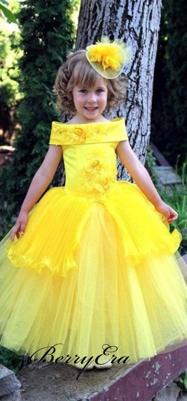 Off Shoulder A-Line Yellow Satin Appliques Tulle Flower Girl Dresses