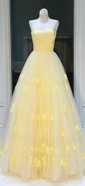 Strapless Yellow Tulle 3D Flowers Prom Dresses, Lovely Prom Dresses, Long Prom Dresses