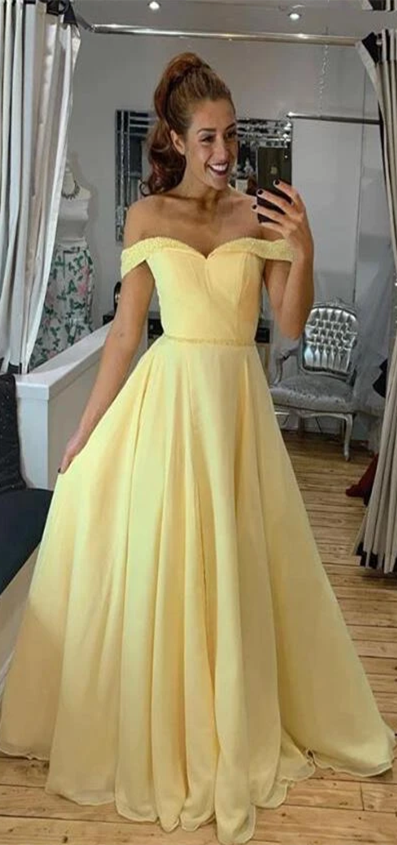 Off Shoulder Long A-line Yellow Chiffon Prom Dresses, Lovely Elegant Prom Dresses, 2020 Prom Dresses