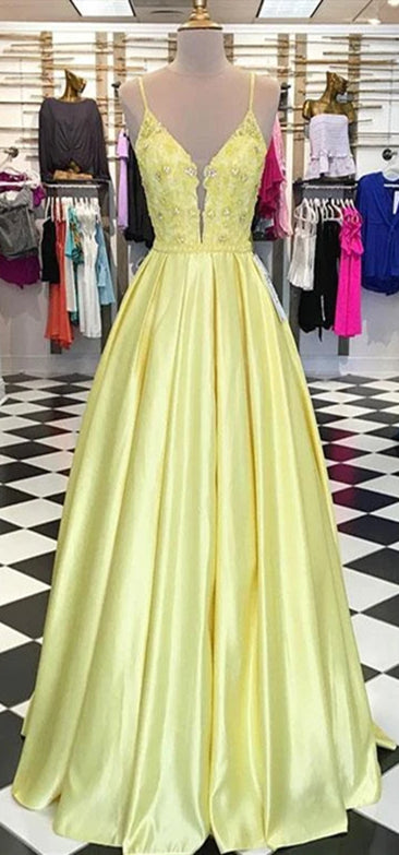 Spaghetti Long A-line Satin Prom Dresses, Yellow Prom Dresses, Beaded Prom Dresses