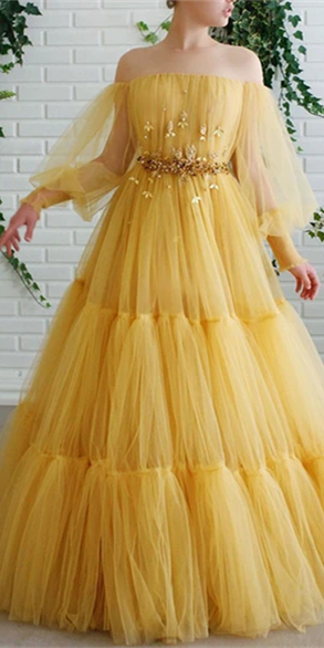 Off The Shoulder Yellow Tulle Appliques Prom Dresses, Layers Long Prom Dresses, 2021 Prom Dresses