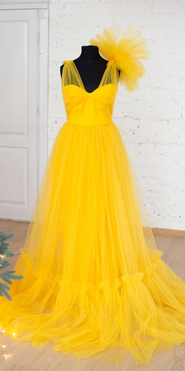 Lovely Bright Yellow Tulle Prom Dresses, A-line Prom Dresses, Newest Prom Dresses, 2021 Prom Dresses